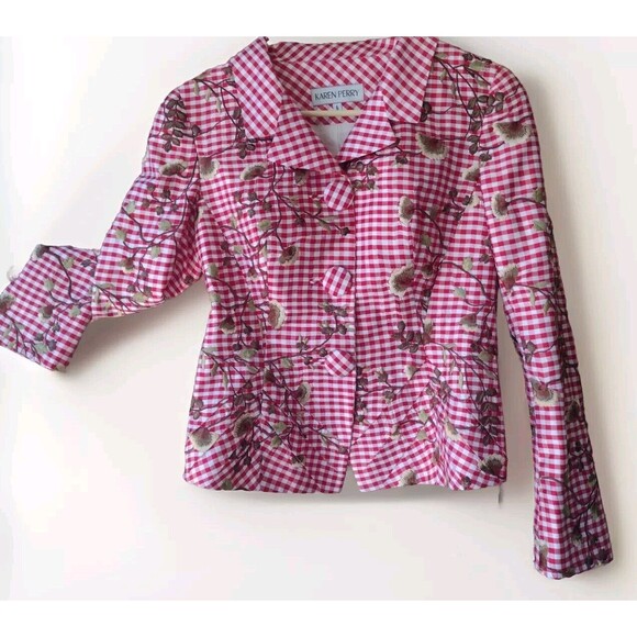 Karen Perry Silk Blazer Gingham Floral Fitted Blazer Embroidered US 6 - Picture 1 of 10